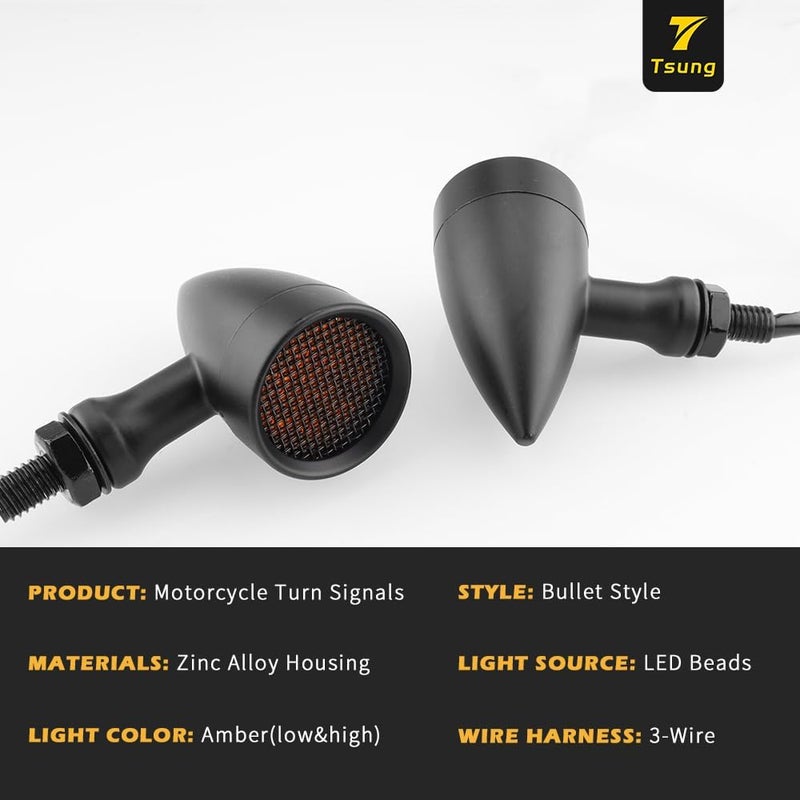 TSUNG Bullet LED Turn Signal Light Motorcycle Front Rear Indicator Small Blinker Universal for Cruiser Chopper Bobber Cafe Racer Street Bike (A-Black-Amber) - Image 2